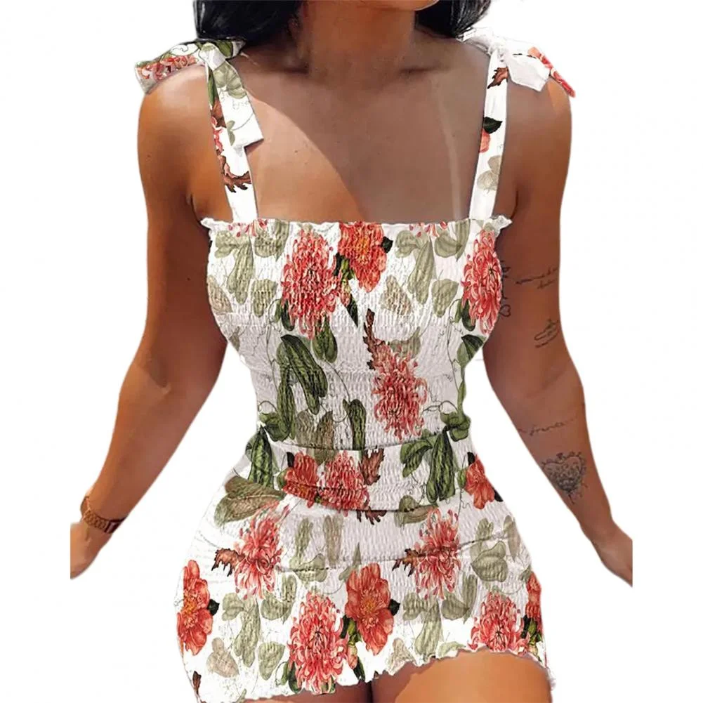 Summer Flower Print Sleeveless Dress Women Strap Dress Tiered Ruffle Ruched Cami Dress Casual Dress Elegant Chic Bodycon Dress