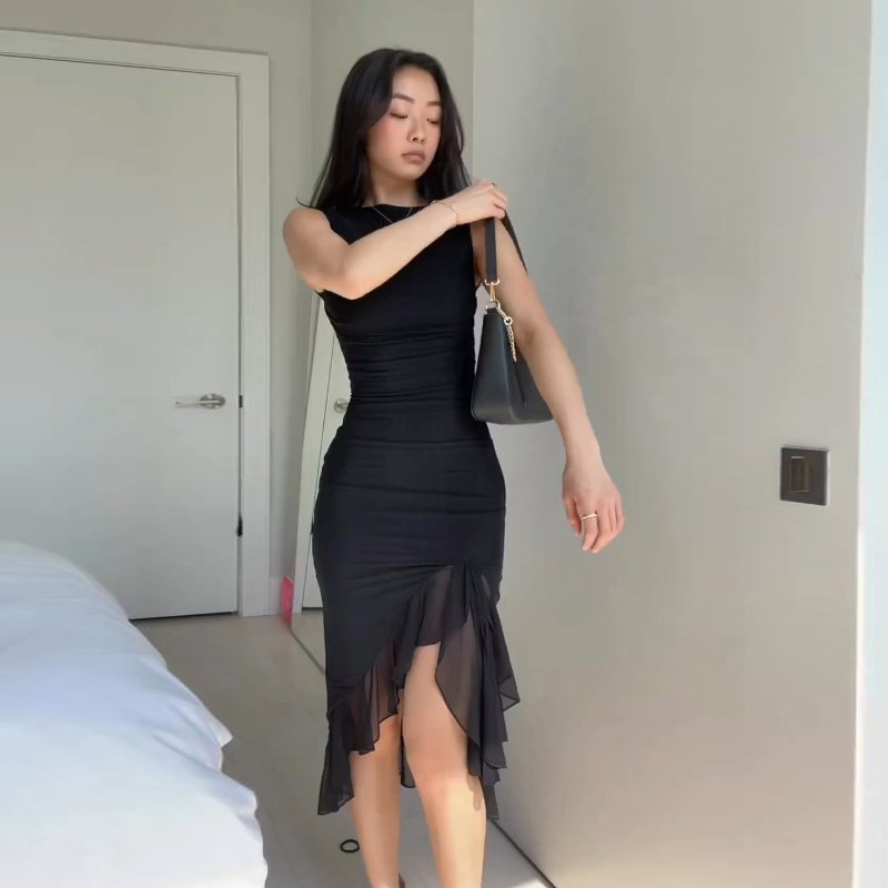 Marzikers Women Maxi Dress Summer Elegant Solid Sleeveless Nipped Waist Slim Backless Ruffled Irregular Party Dresses Streetwear