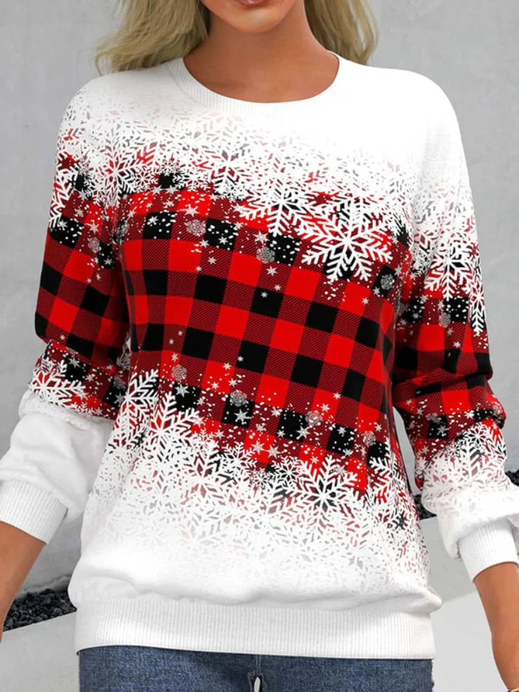 Vefave Snowflake Check Print Long Sleeve Sweatshirt