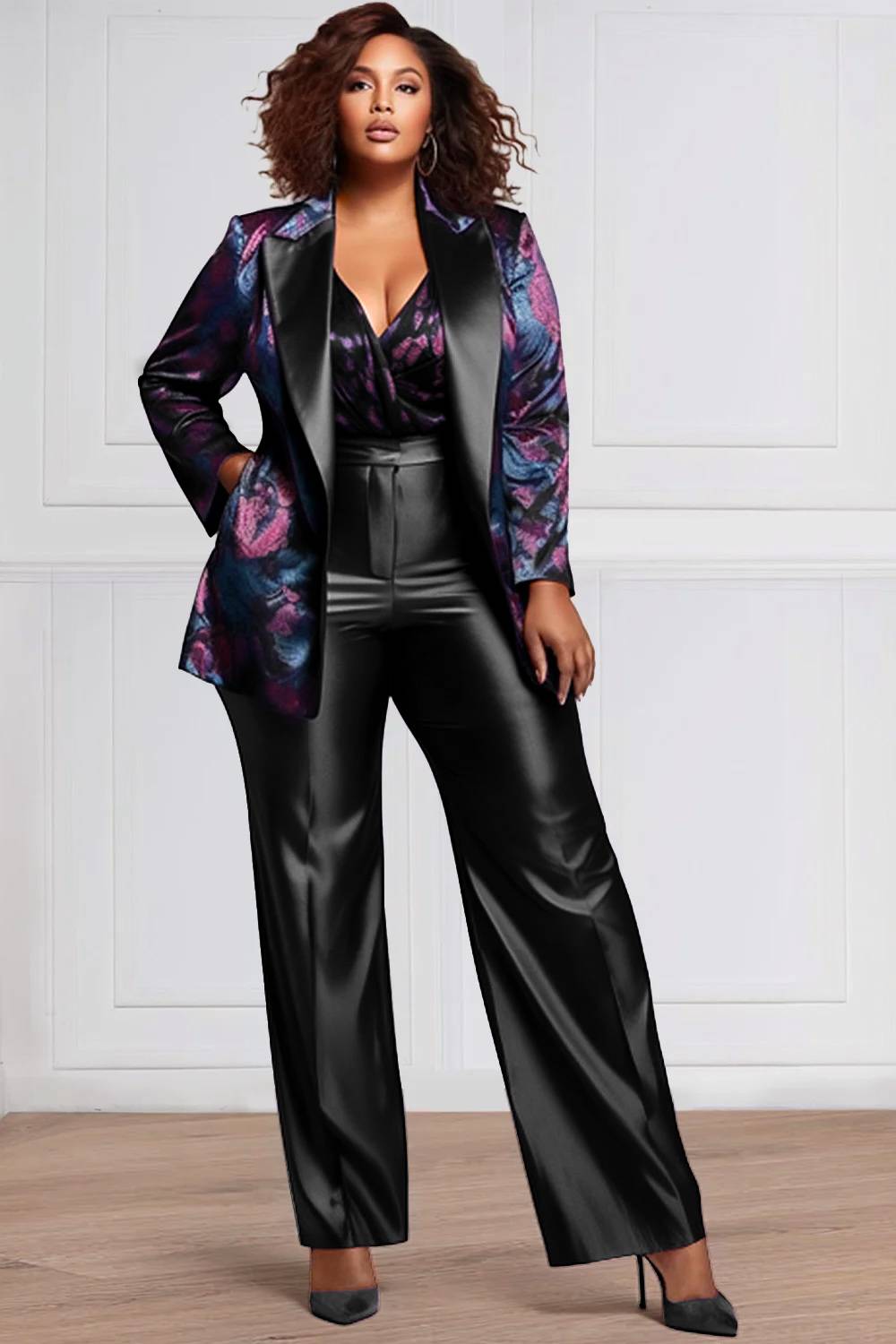 Design Plus Size Daily Pant Sets Elegant Black Tribal Fall Winter Turndown Collar Long Sleeve Pocket Satin Blazer Suit Two Piece Pant Sets (Without Inner) [Pre-Order]