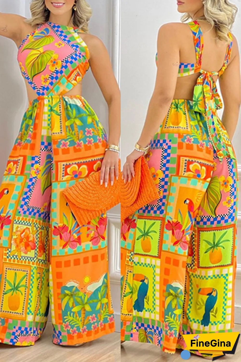 Colour Sexy Casual Not Positioning Printed Bandage Backless O Neck Regular Jumpsuits