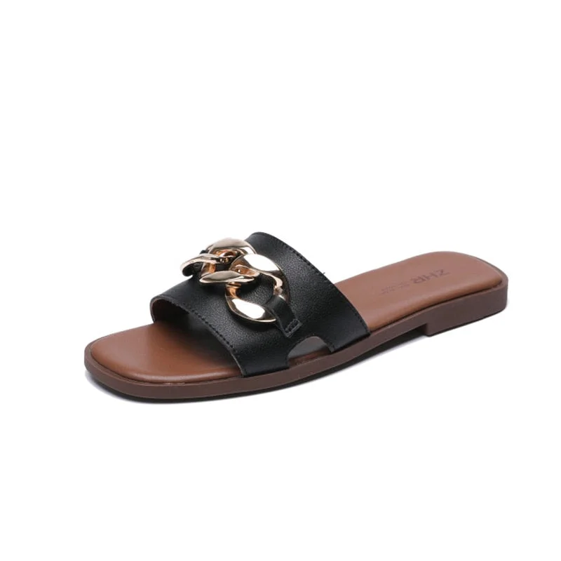 2021 Slippers Women Slides Luxury Brand Flip Flops Shoes Genuine Leather Square Toe Summer Slide Designers Sandals Casual Flats