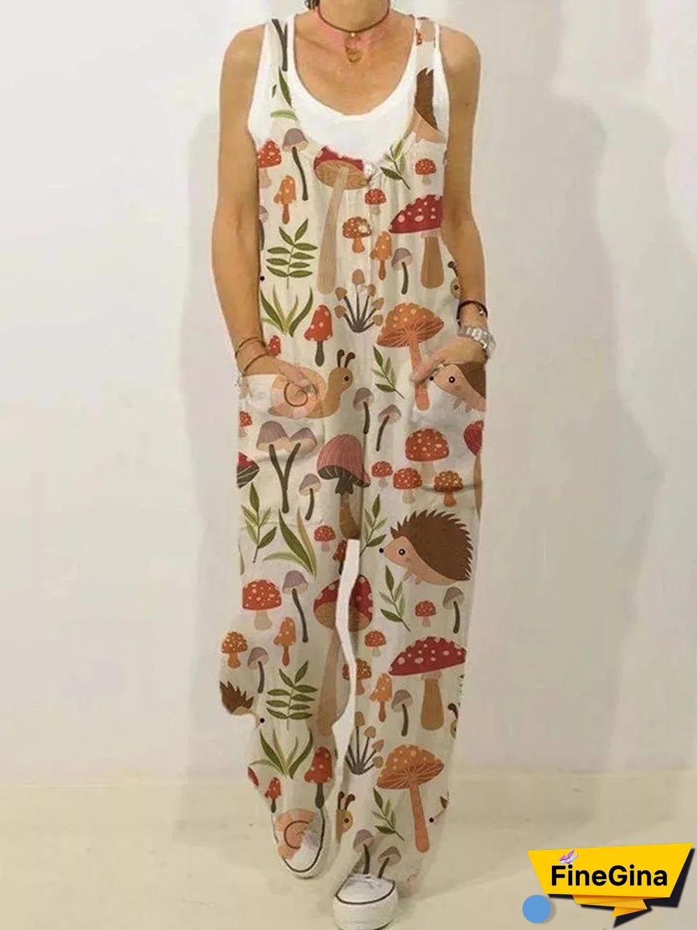 Women'S Jumpsuits Loose Cute Print Pocket Sleeveless Jumpsuit