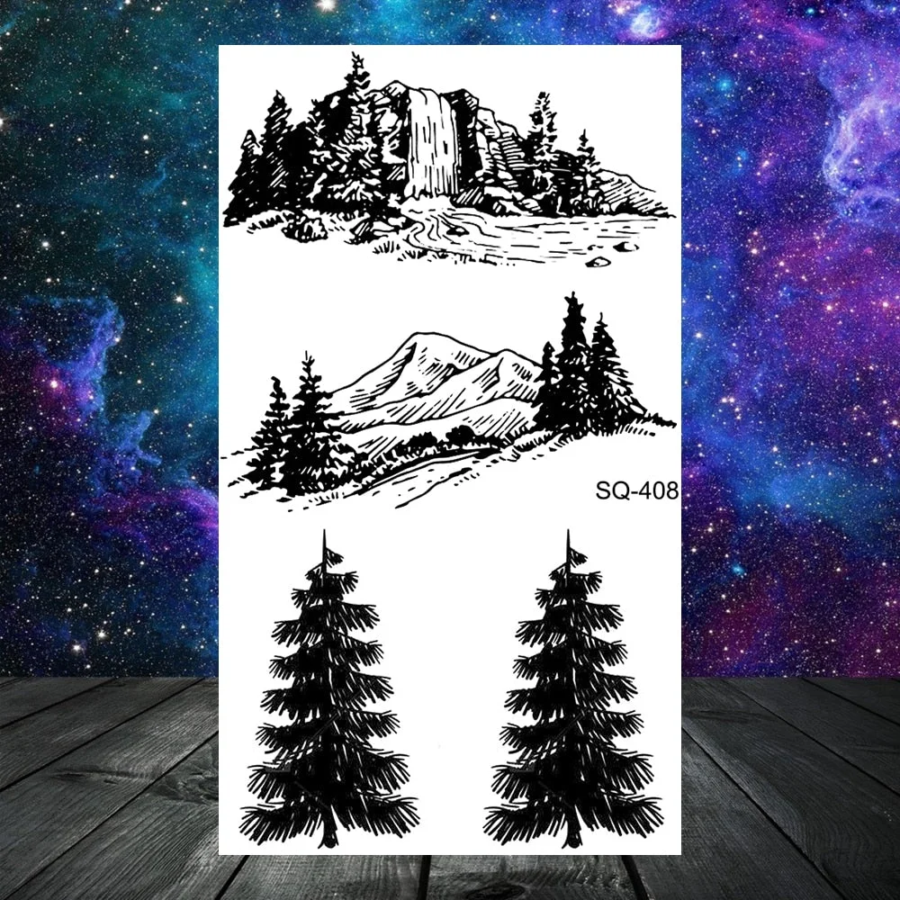 3D Geometry Mountain Sea Temporary Tattoos For Women Adult Men Kids Girl Sun Forest Eyes Fake Tattoo Neck Arm Hands Small Tatoos