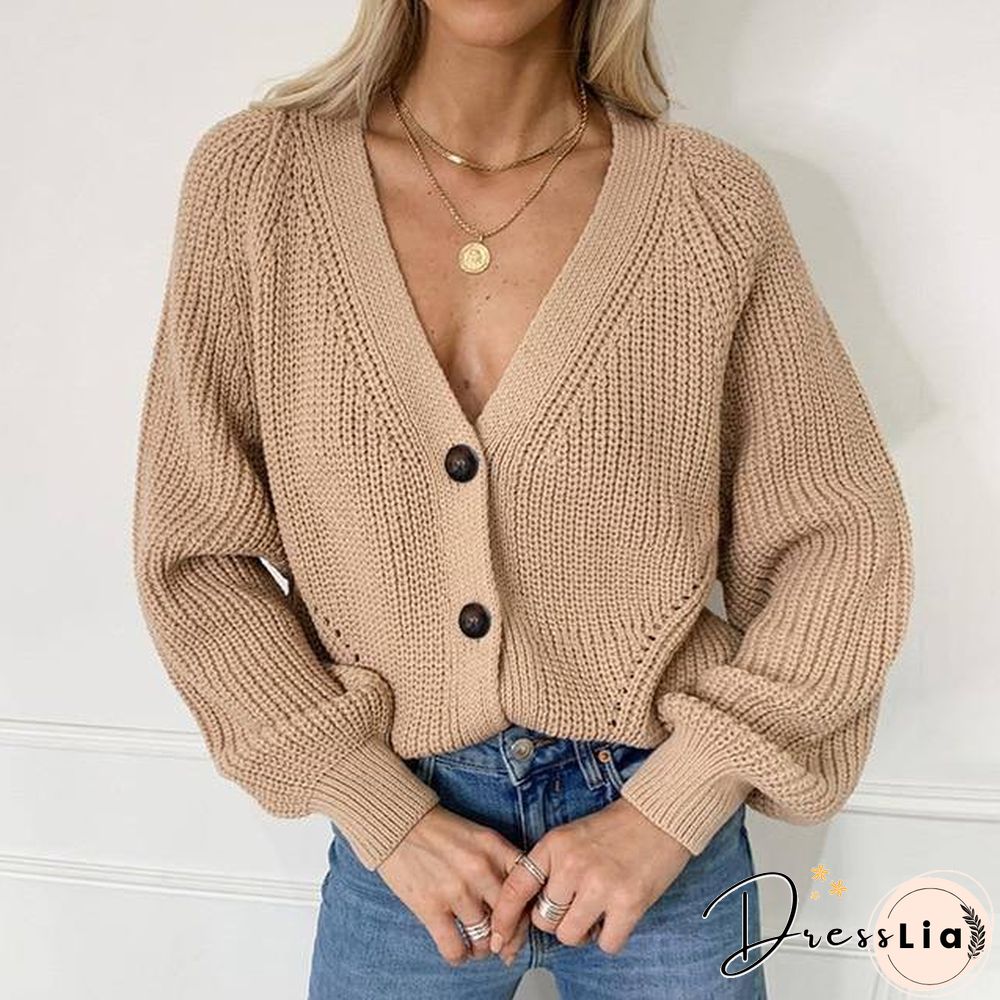 Zoki Women Knitted Cardigans Sweater Fashion Autumn Long Sleeve Loose Coat Casual Button Thick V Neck Solid Female Tops
