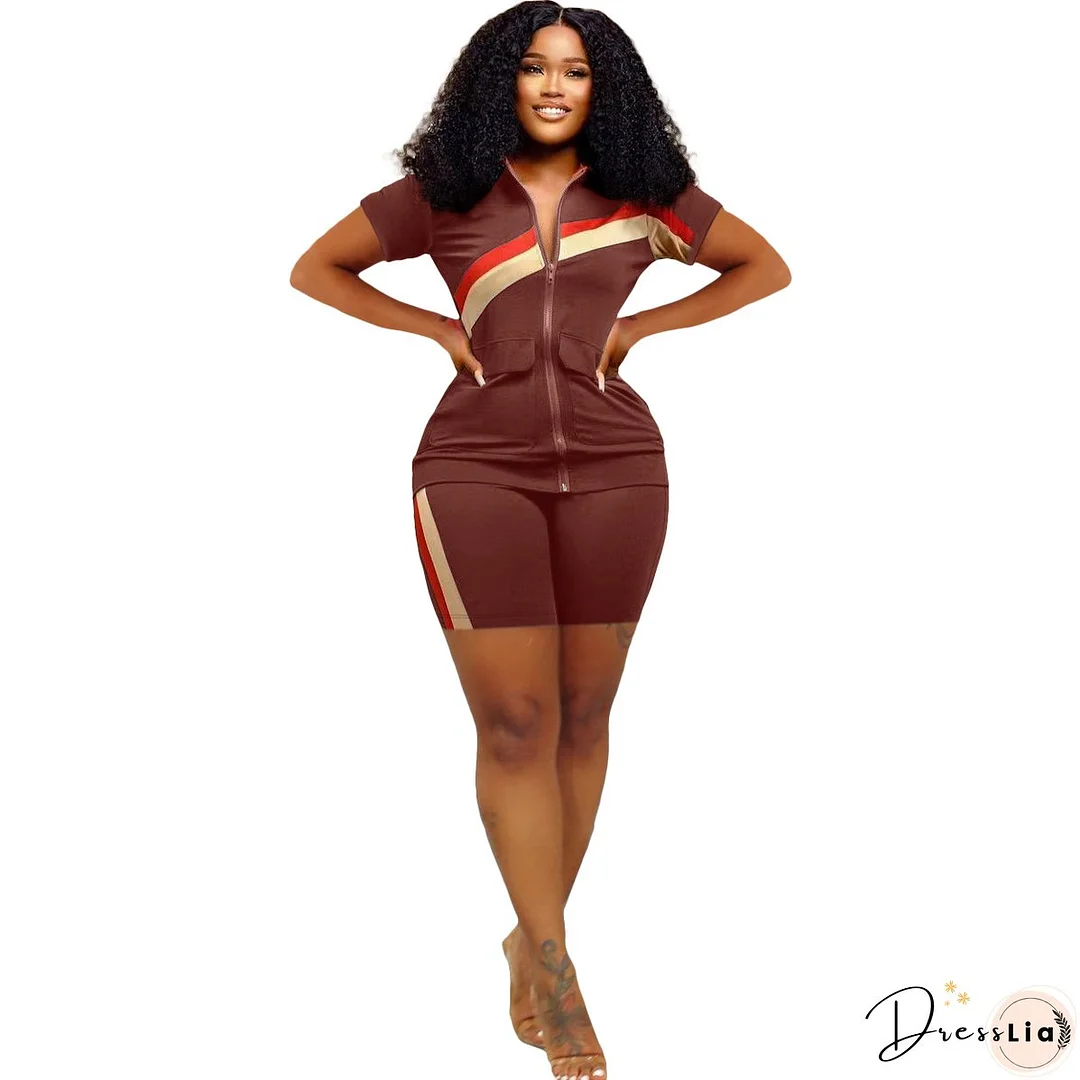 Women's Sports Casual Fashion Zip Pocket Top Shorts Two-Piece Set
