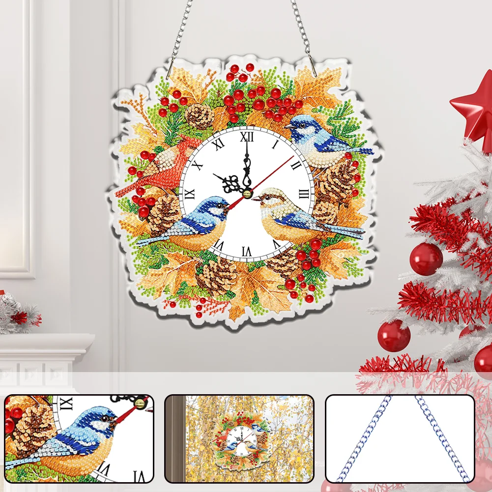 2D Flat DIY Fall Bird Acrylic Diamond Painting Clock Pendant Home Decoration