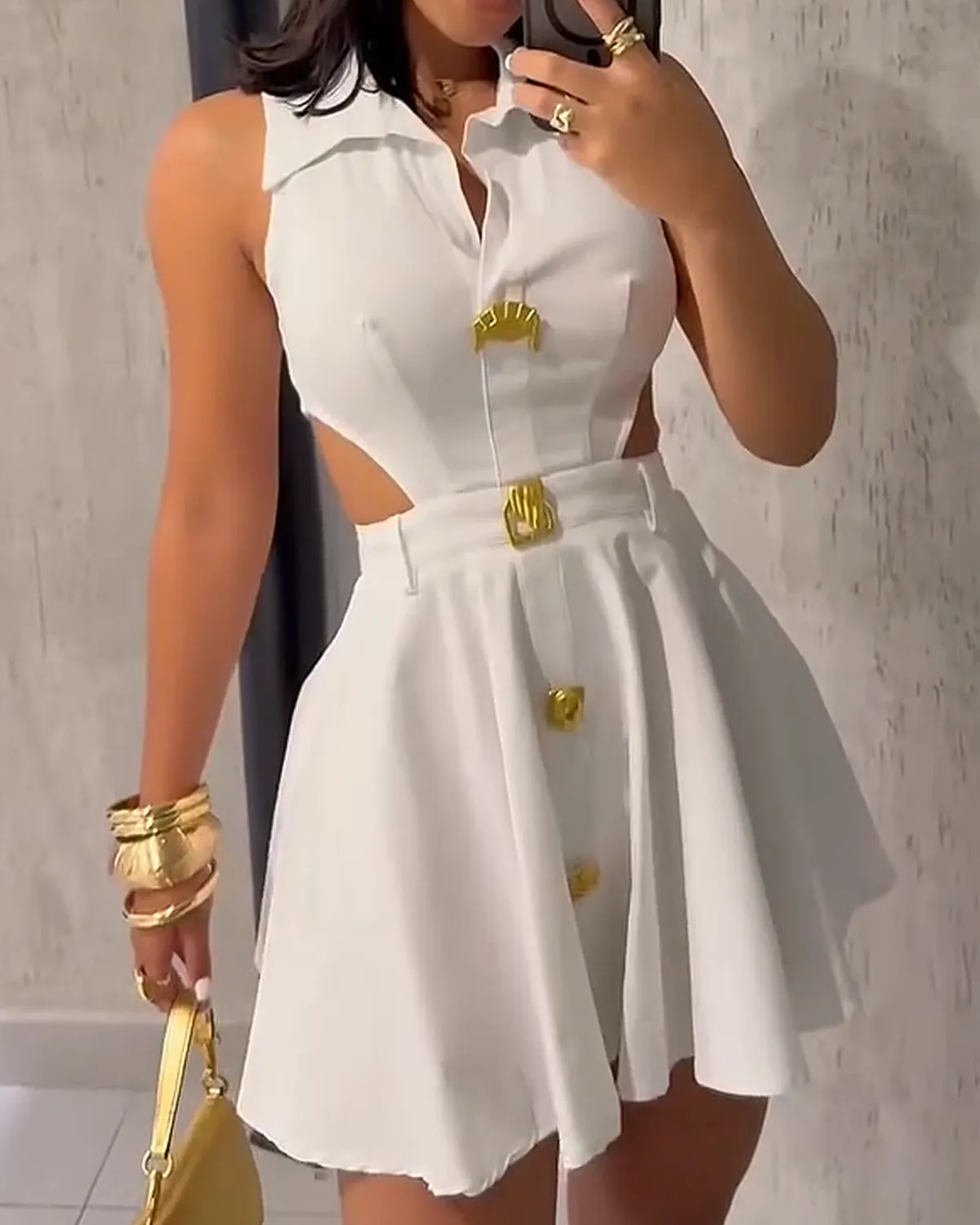 Ladies V-neck Metal Button Sleeveless Dress