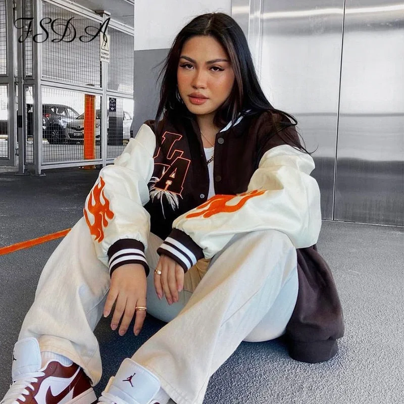 FSDA 2021 Brown Autumn Winter Oversized Bomber Jacket Baseball Women Blue Loose Embroidery Fashion Varsity Coat Vintage