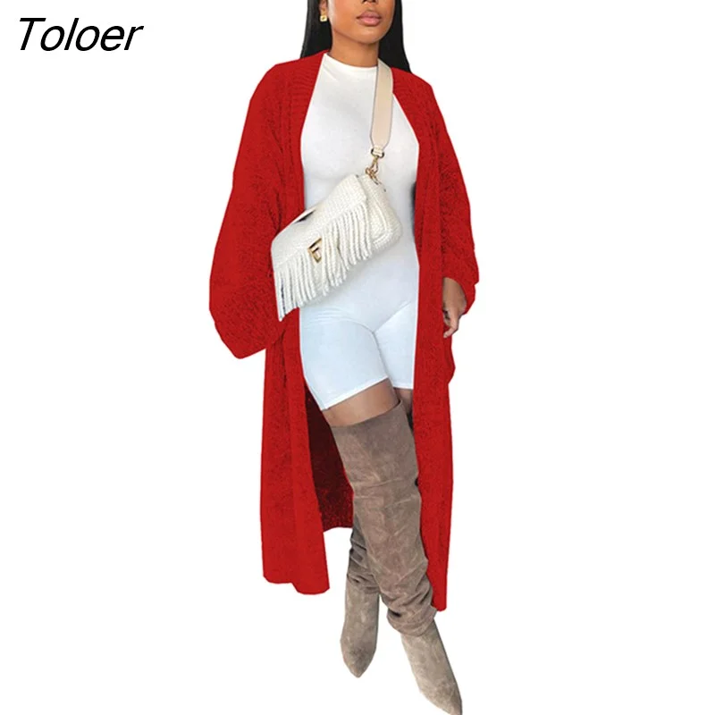 Toloer Cardigan For Women Knitted Warm Solid Full Sleeve Extra Long Coat Top Outwear Open Stitch Loose Casual 2023 Spring New