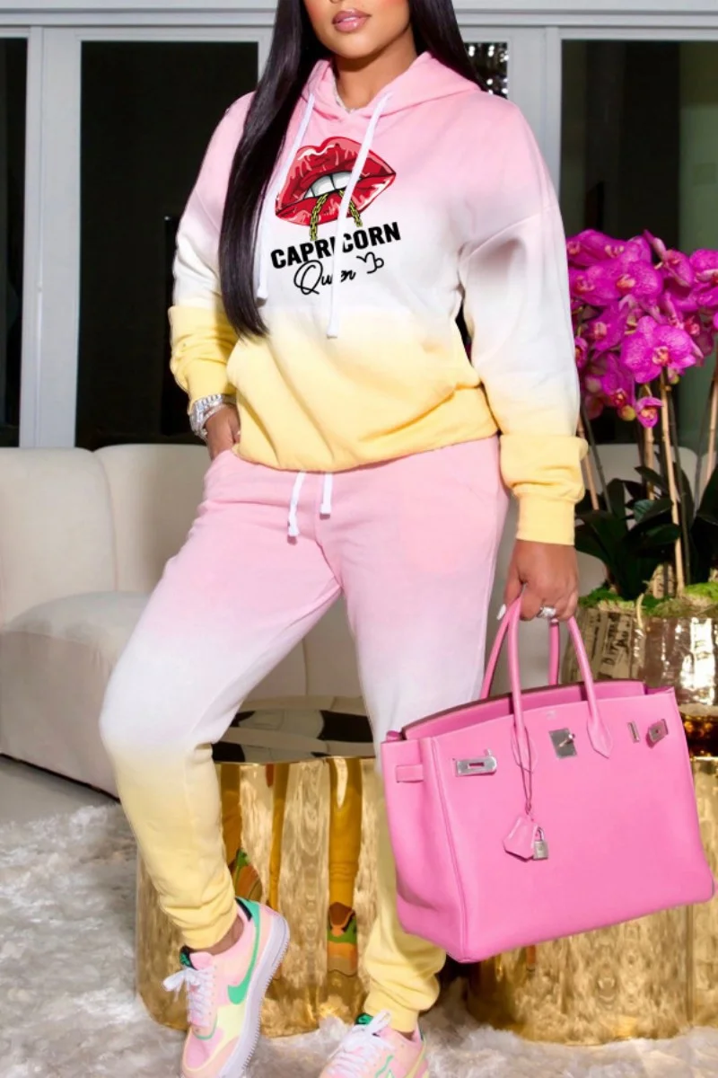 Pink Yellow Casual Gradual Change Print Basic Hooded Collar Long Sleeve Two Pieces | EGEMISS