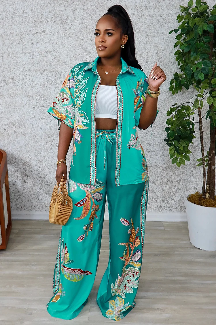 Floral Print Short Sleeve Blouse Wide Leg Pants 2pcs Set-Green [Pre Order]