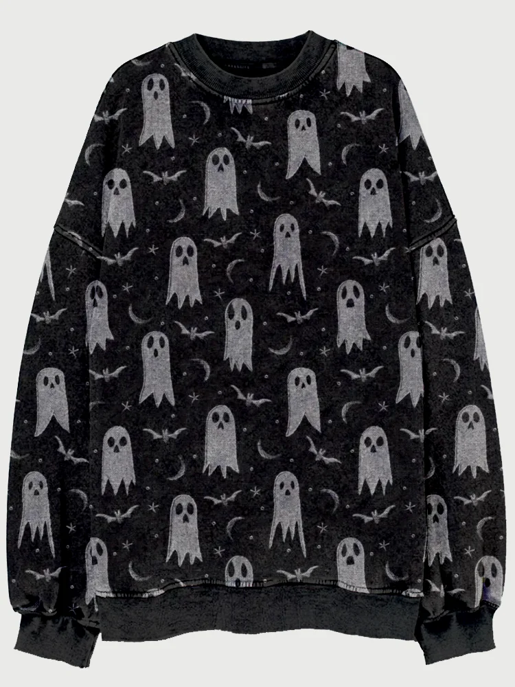 Comstylish Halloween Ghosts Embroidered Vintage Washed Sweatshirt