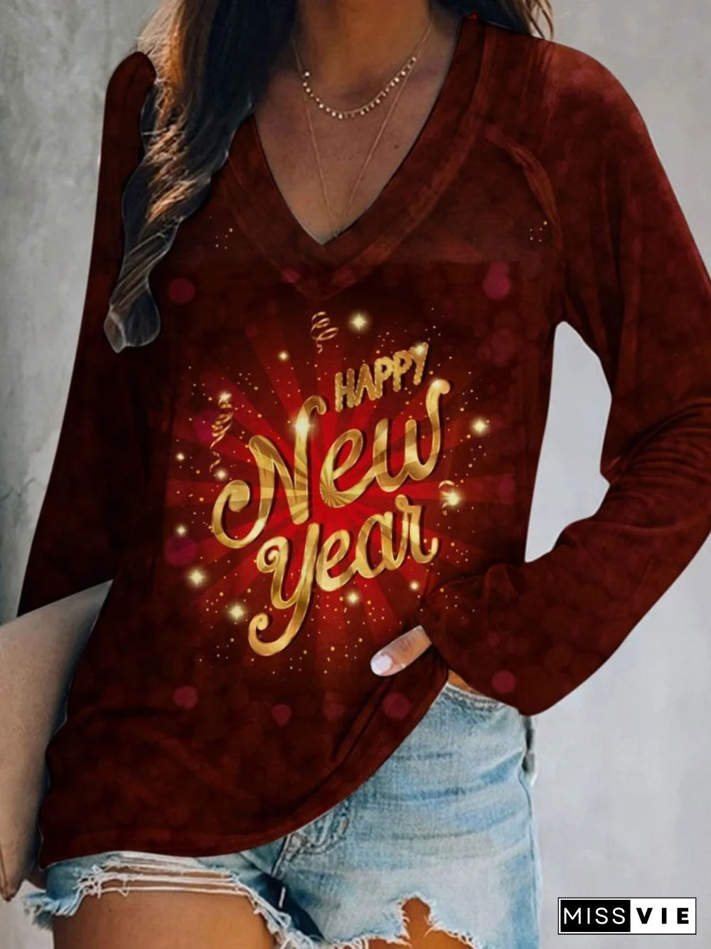 Happy New Year Printed V Neck Long Sleeve T-shirts