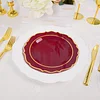 10 Pack | 8" Burgundy Plastic Dessert Salad Plates, Disposable Tableware Round With Gold Scalloped Rim