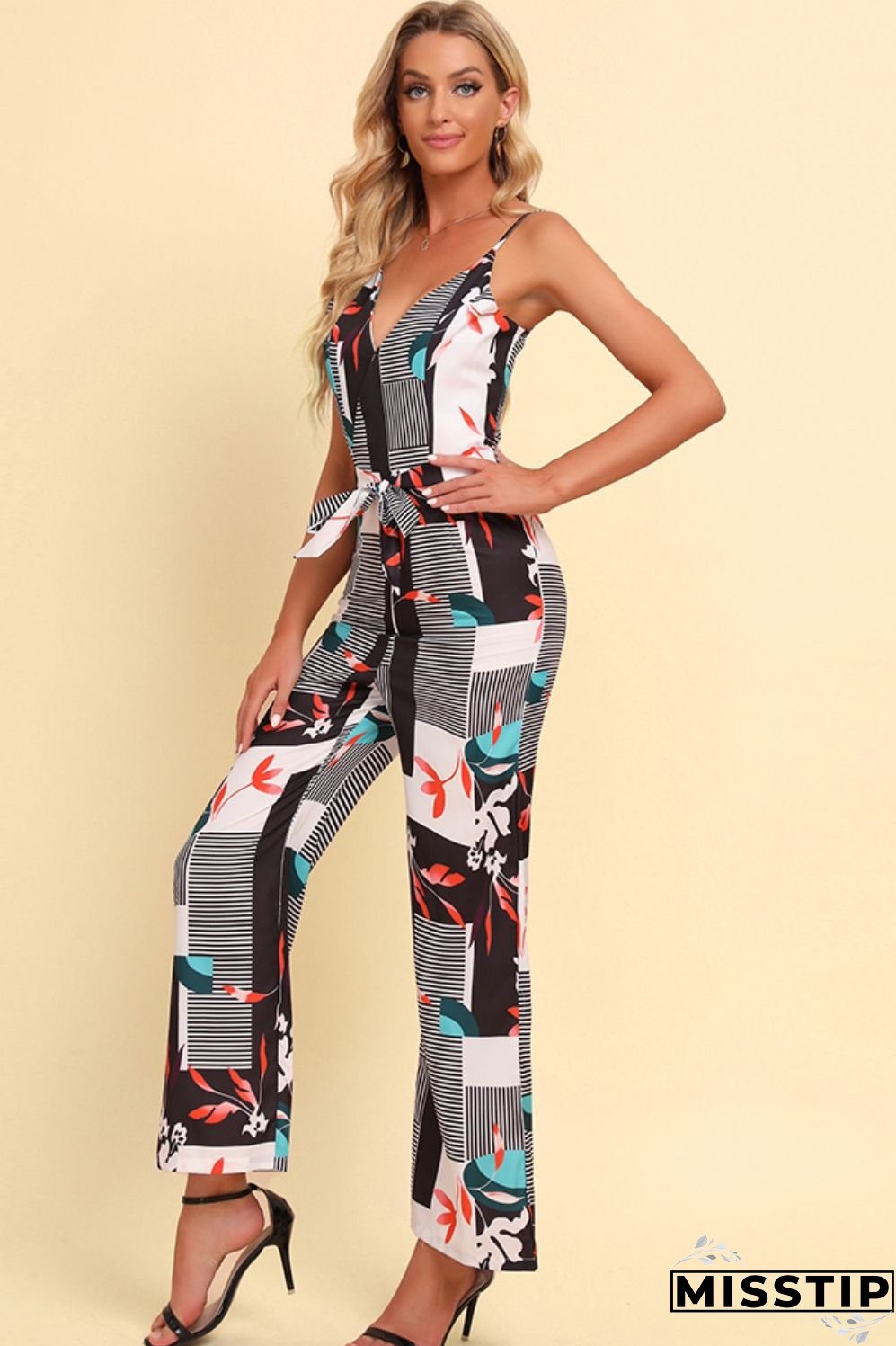 Printed Spaghetti Strap Tied Jumpsuit