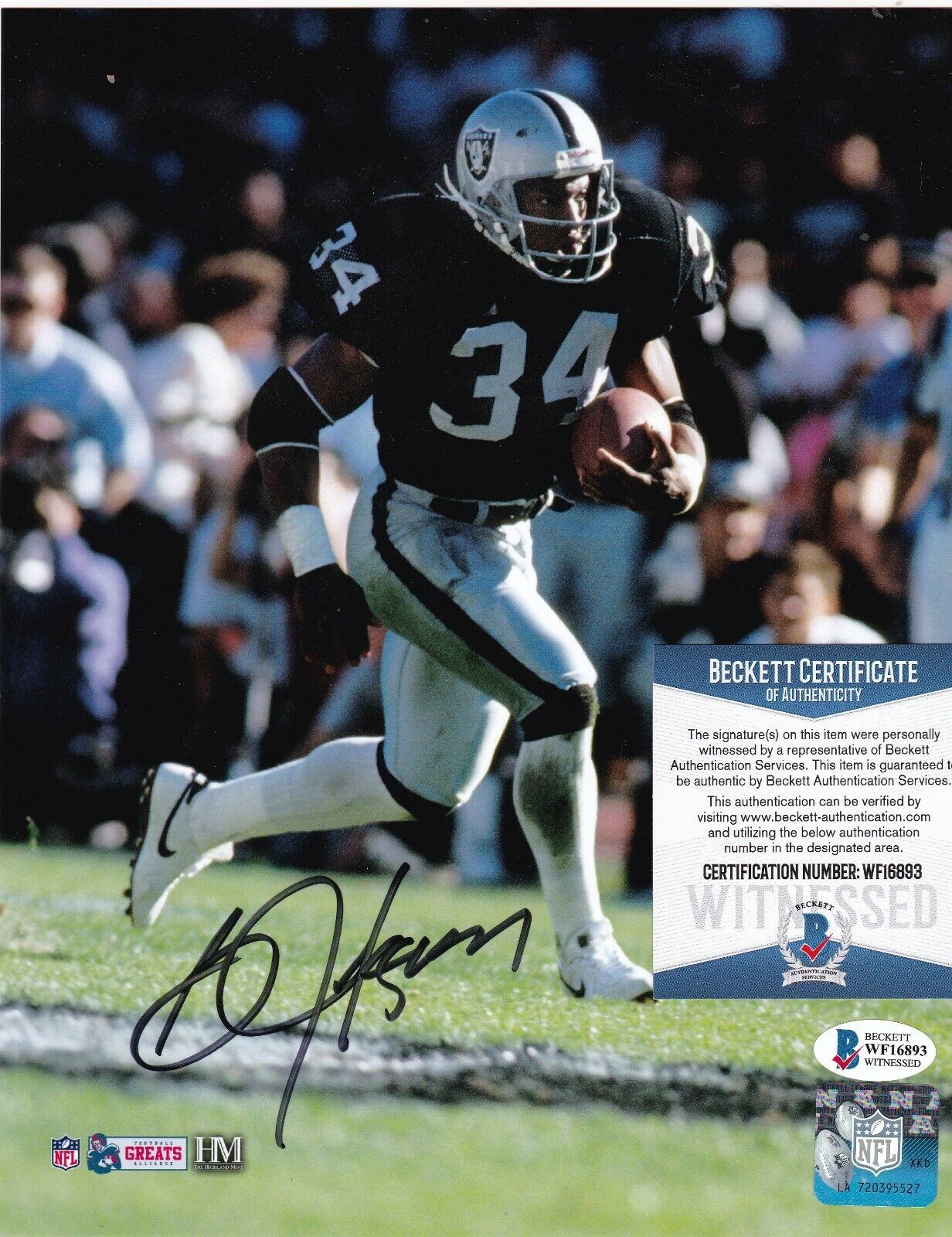 BO JACKSON OAKLAND RAIDERS BECKETT AUTHENTICATED ACTION SIGNED 8X10