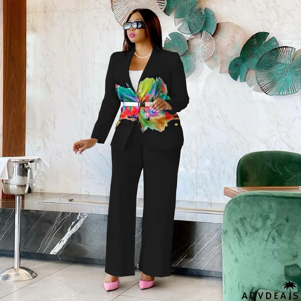 Elegant Printed Blazer Coat Straight Pants 2 Piece Suits (With Belt)