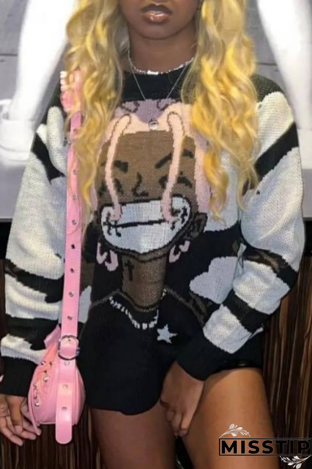 Black Purple Casual Patchwork O Neck Tops