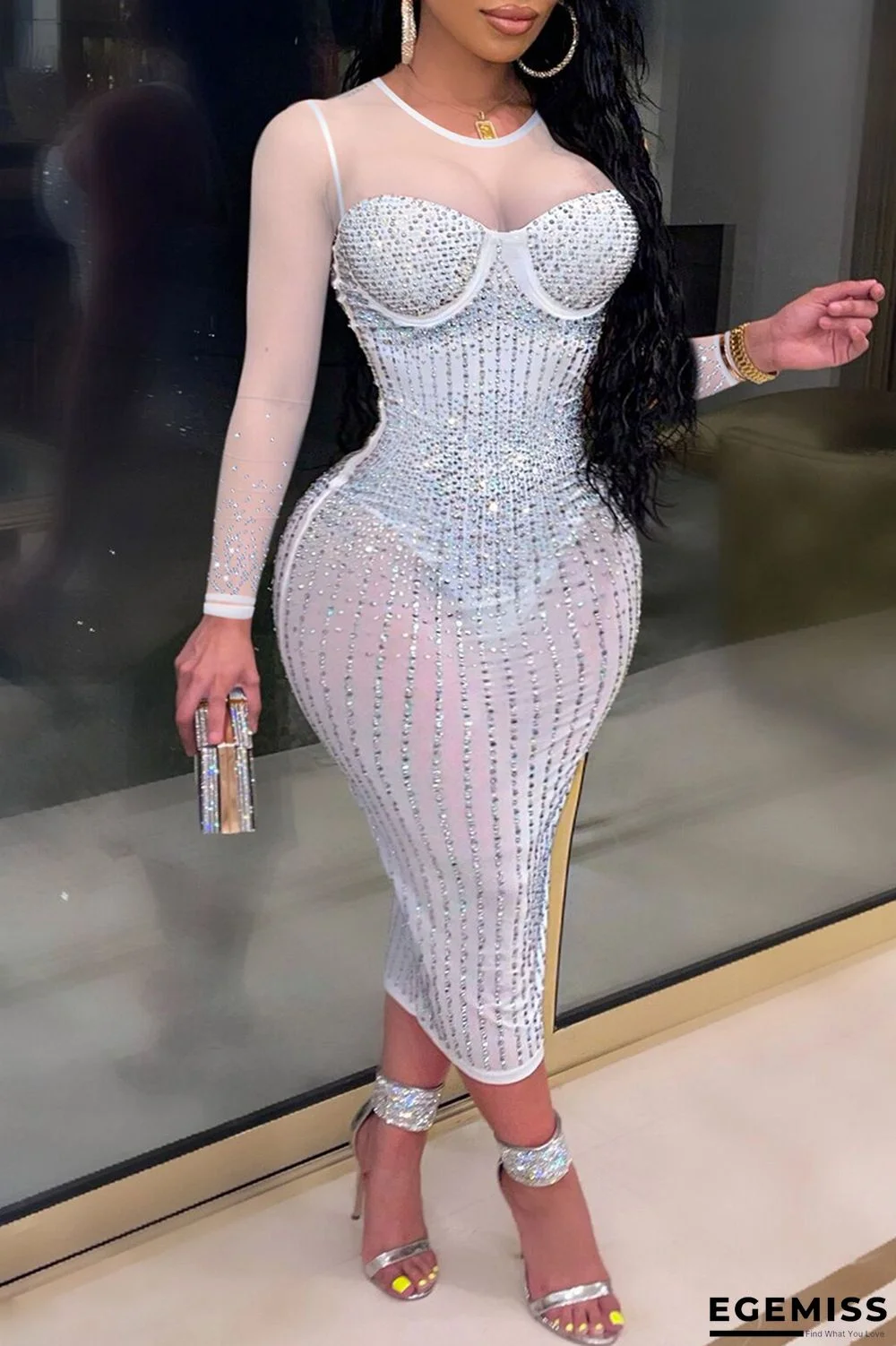 White Fashion Sexy Patchwork Hot Drilling See-through O Neck Long Sleeve Plus Size Dresses | EGEMISS