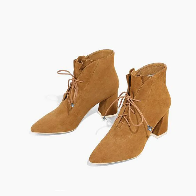 Ginger Suede Pointy Toe Lace up Block Heel Ankle Booties Vdcoo