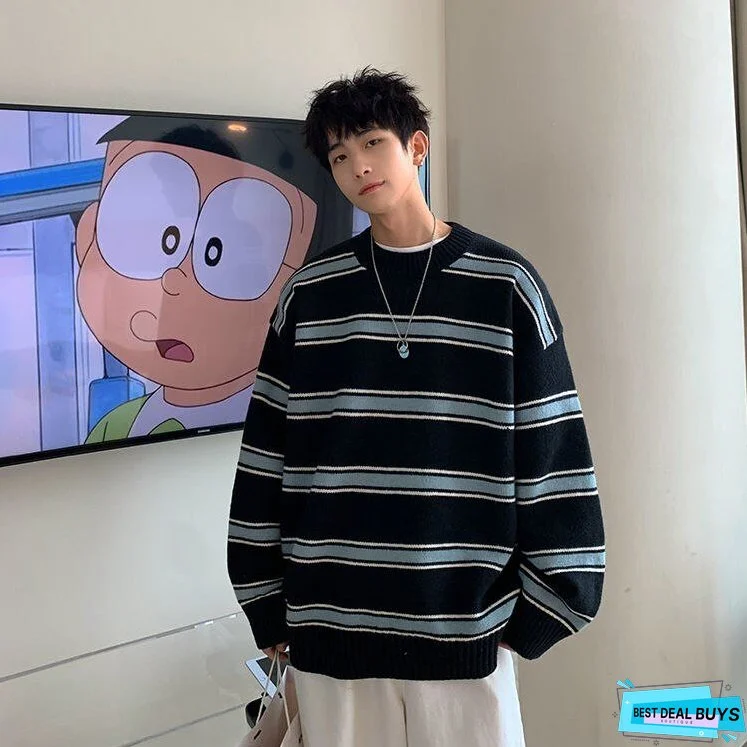 Striped Sweater Men Round Neck Winter Pullover Sweater Korean Fashion Harajuku Loose Wild Long Sleeve Sweater Oversize