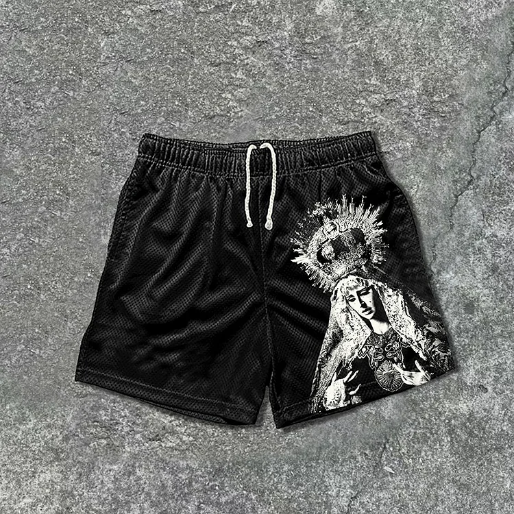 Vintage The Scriptures of the Blessed Virgin Mary Graphics Mesh Drawstring Shorts