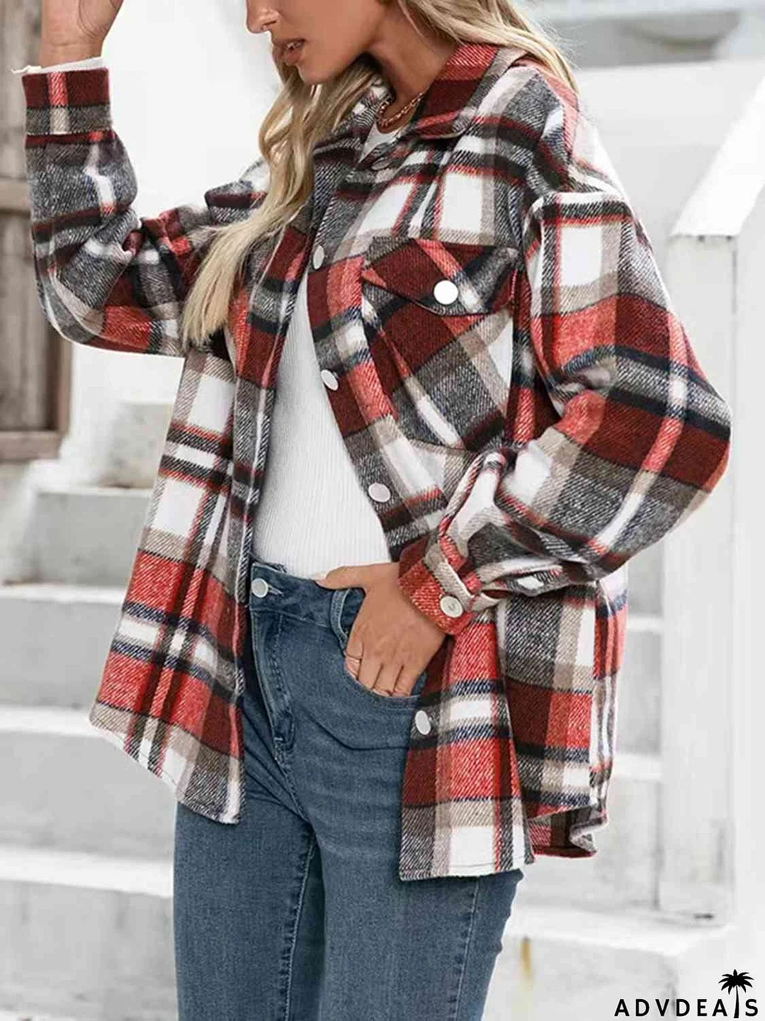 Plaid Collared Neck Button Down Jacket