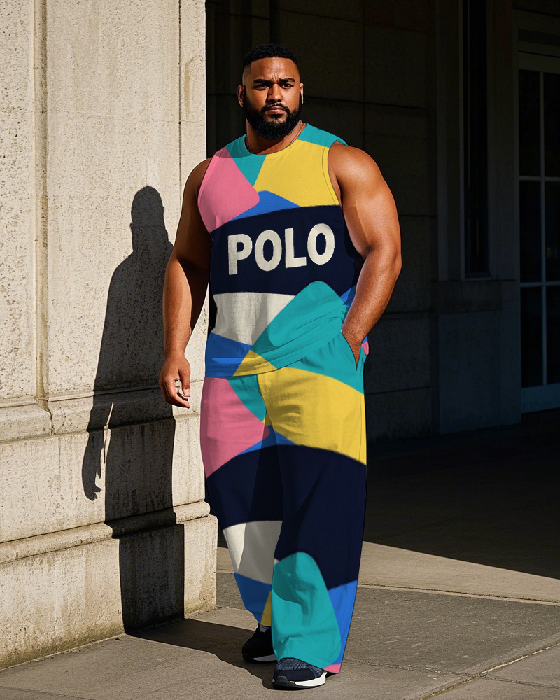 Big Men's Letter POLO Splicing Contrast Squard Printed Casual Fashion Vest and Pants Set