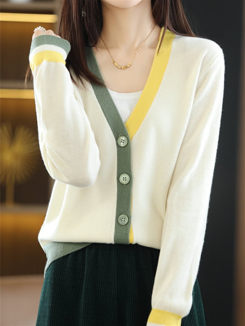 Women's Long Sleeve V-neck Colorblock Knit Tops