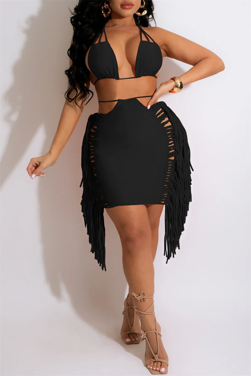 Black Sexy Solid Tassel Bandage Hollowed Out Backless Halter Sleeveless Two Pieces