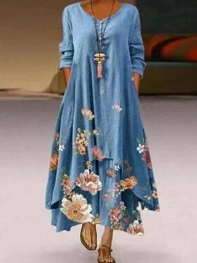 Women Clothes Spring Summer 2022 Plus Size 5xl Elegant Flowers Print   Long Sleeve Vintage Asymmetrical Hem Casual Loose Dress