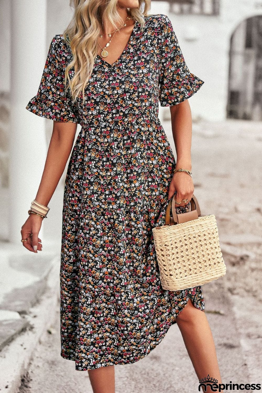 Floral V-Neck Flounce Sleeve Midi Dress