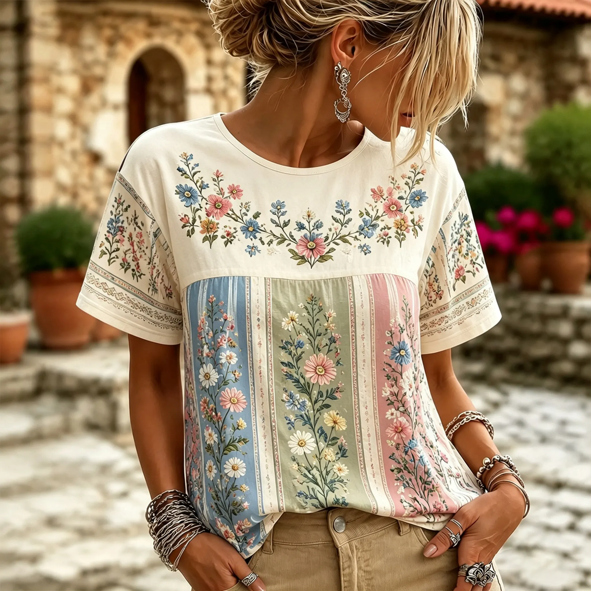 Comstylish Women's Boho Floral Striped Patchwork Short Sleeve T-shirt