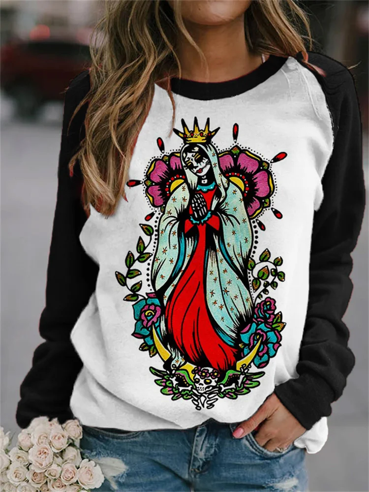 Vefave Our Lady of Guadalupe Sugar Skull Art Sweatshirt