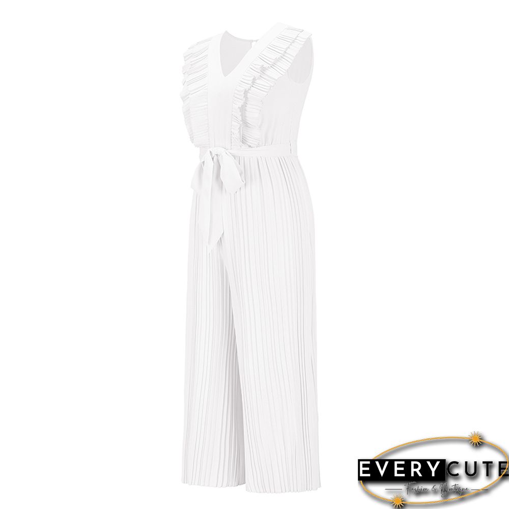 White Ruffle Sleeveless Wide Leg V Neck Jumpsuit