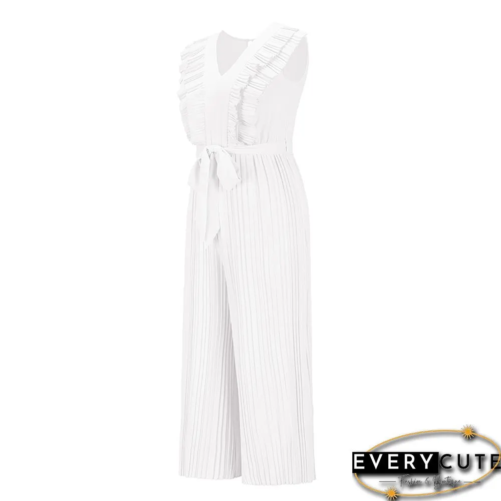 White Ruffle Sleeveless Wide Leg V Neck Jumpsuit