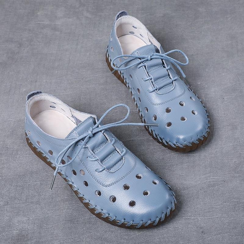 Blue Flat Shoes 2021 Women's Runway Shoes Beige Laced Leather Flats Woman Ballet Shoes Ladies Soft Moccasins Hollow Loafers 2021