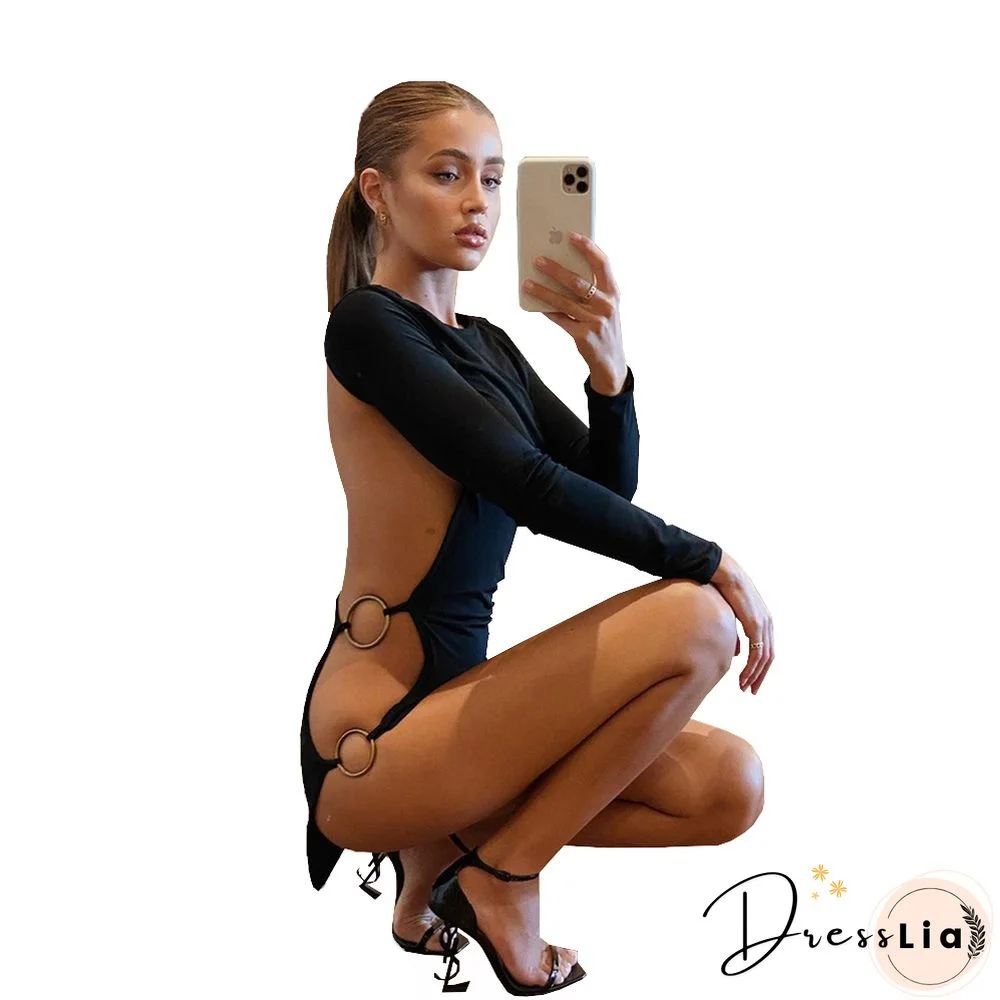 New Women Sexy Party Dress Backless Cutout Y2k Mini Pack Hip Side Slit Long Sleeve Black Dress Ladies Hot Nightclub Summer Dress