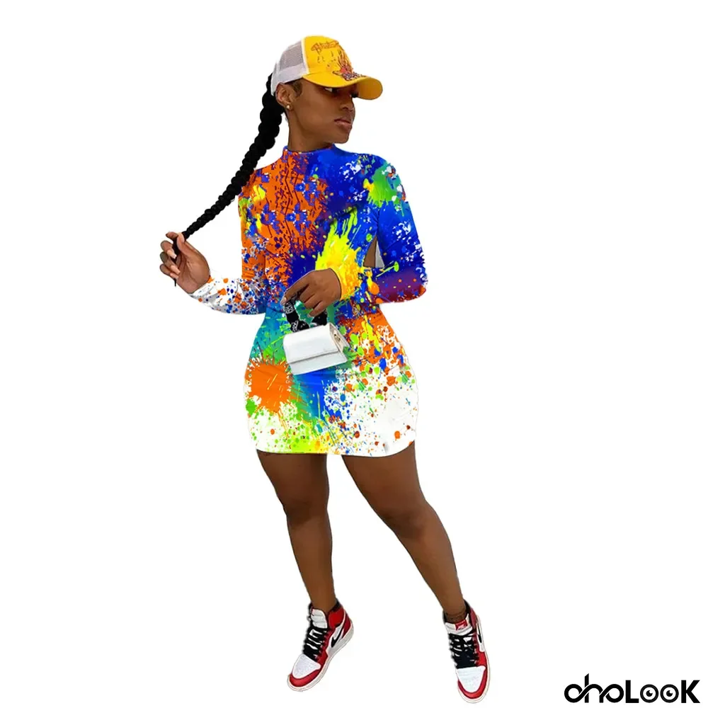 Cool Graffiti Bill Print Long Sleeve Low Back Nightclub Dress