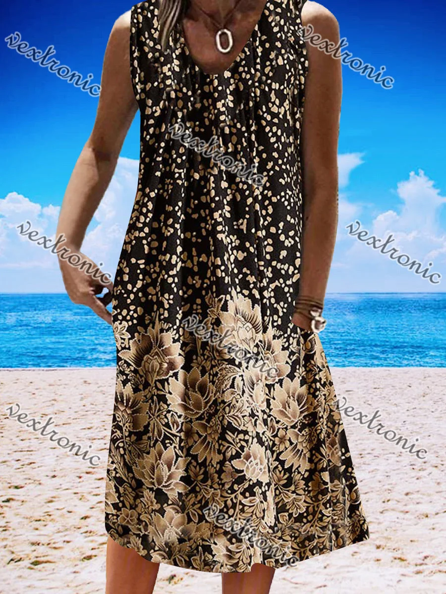 Women's Black Sleeveless V-neck Graphic Floral Printed Midi Dress
