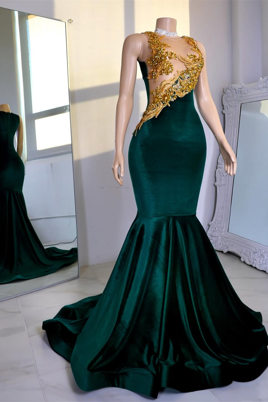 Dresseswow Dark Green Sleeveless Mermaid Prom Dress Scoop With Gold Beadings