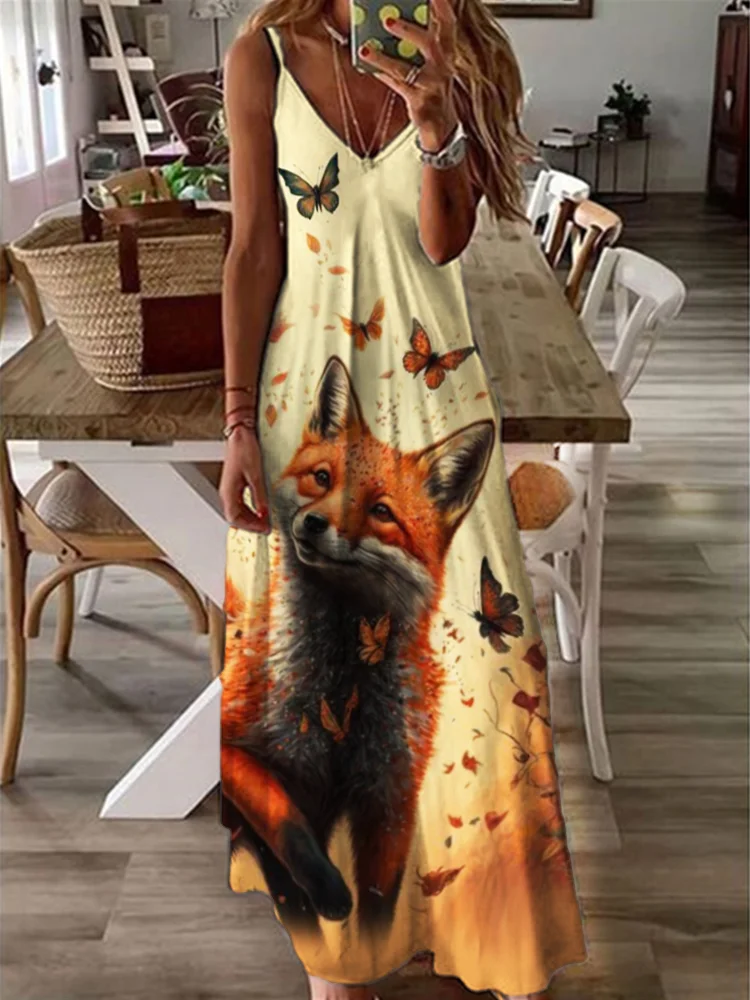 Fall Fox with Butterflies Art Cami Maxi Dress