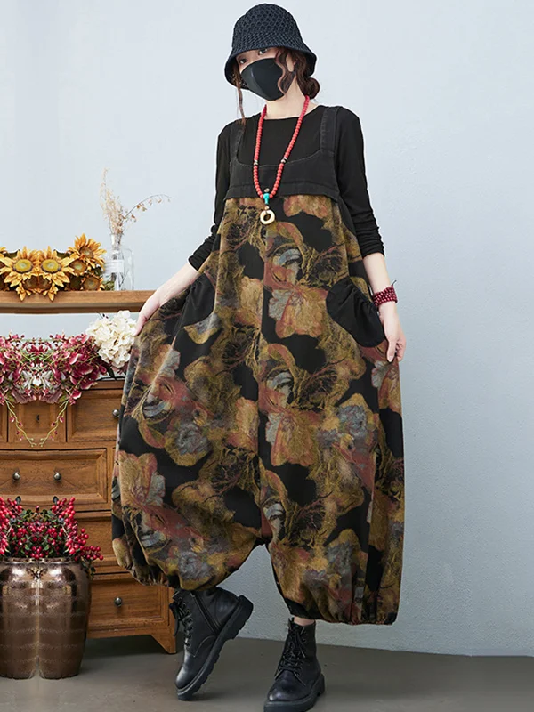 Artistic Retro Vintage Loose Floral Printed Square-Neck Sleeveless Overalls