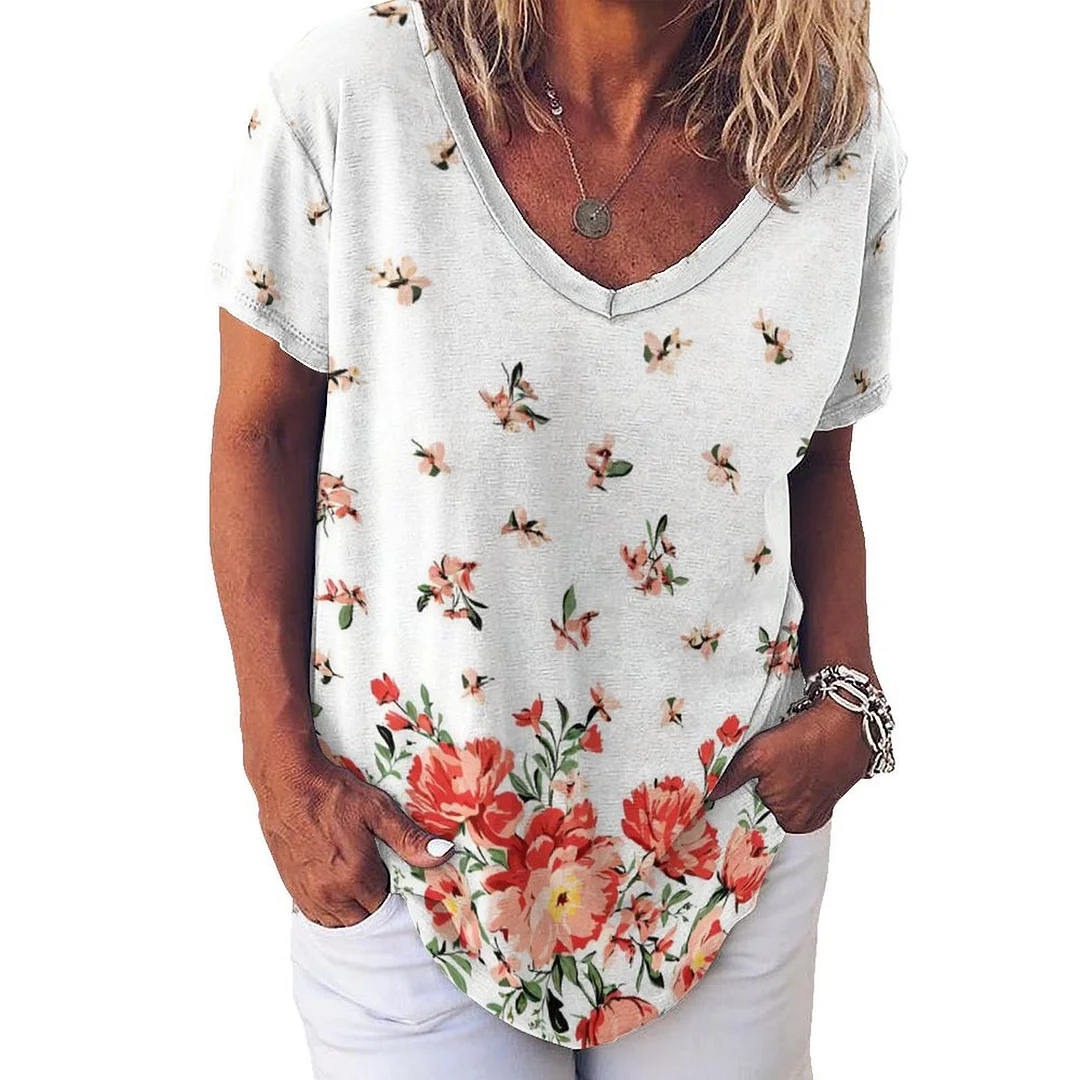 V-neck Short Sleeve Casual T-shirt for  Women Printed with Pattern Floral, Red, Green