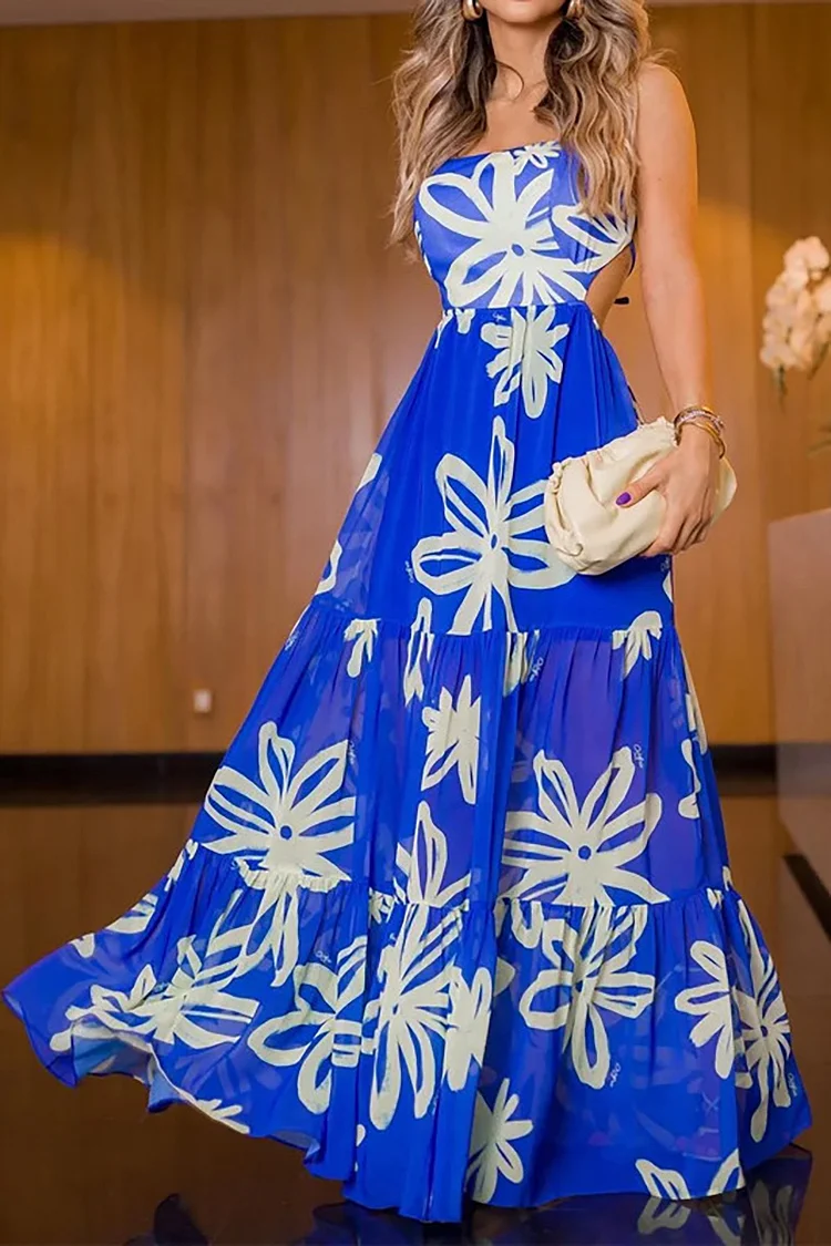 Tied Up Boat Neck Floral Print Tiered Pleated A-Line Backless Vacation Slip Maxi Dresses
