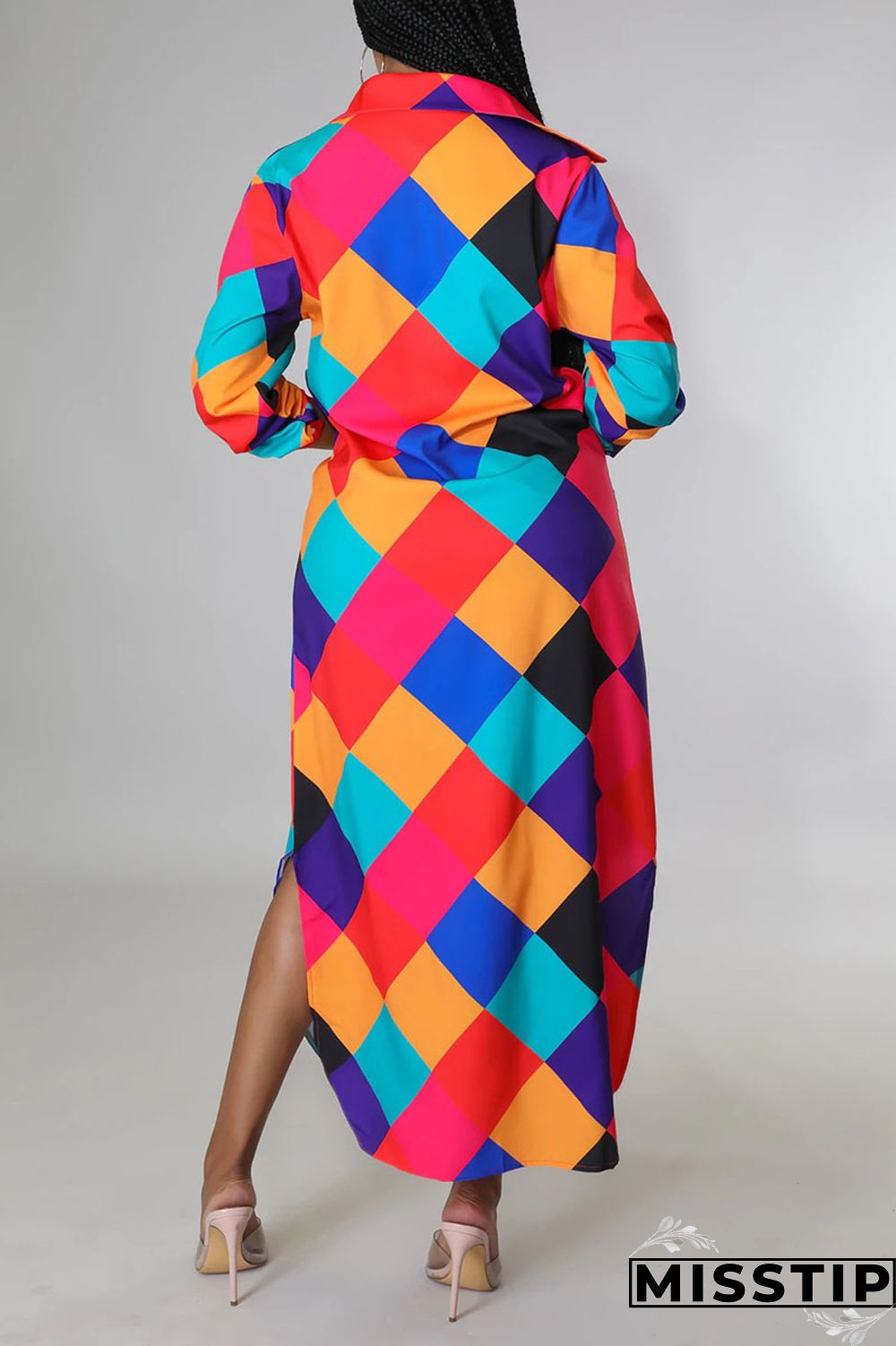 Blue Casual Print Patchwork Buckle Turndown Collar Shirt Dress Dresses