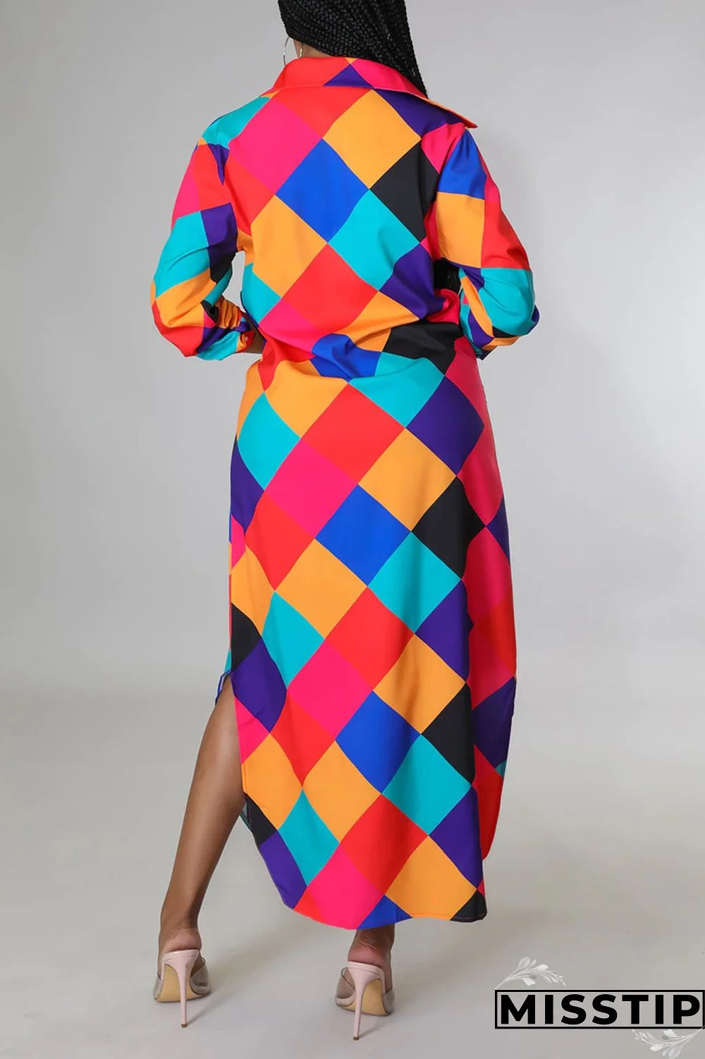 Blue Casual Print Patchwork Buckle Turndown Collar Shirt Dress Dresses