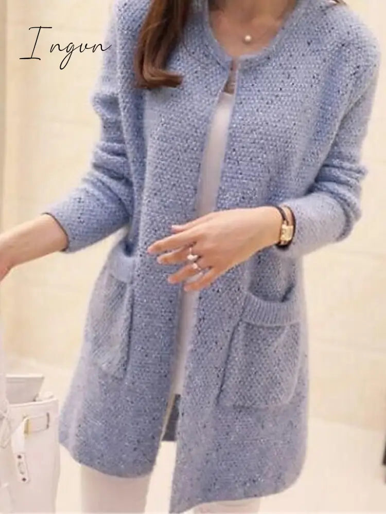 Ingvn - Women’s Pullover Sweater Jumper Ribbed Knit Pocket Solid Color Crew Neck Stylish Casual