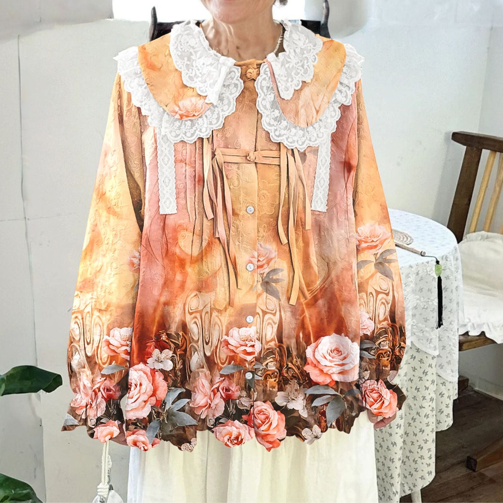 Women Printed Long Sleeve Round-neck  Cute Collar Shirts Blouses Orange